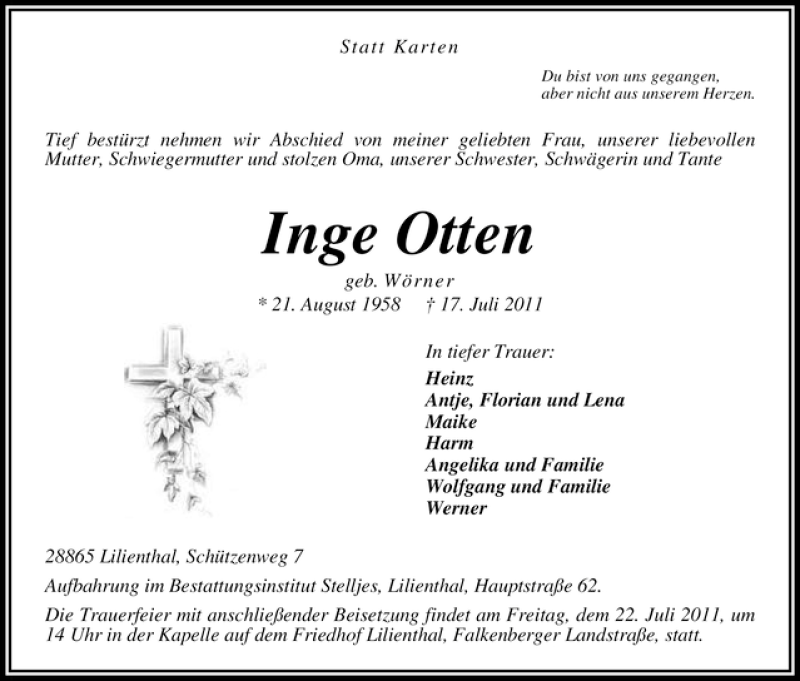 Traueranzeige von Inge Otten von WESER-KURIER