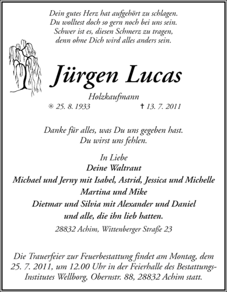 Traueranzeige von Jürgen Lucas von WESER-KURIER