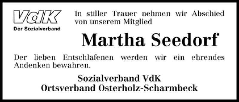 Traueranzeige von Martha Seedorf von WESER-KURIER