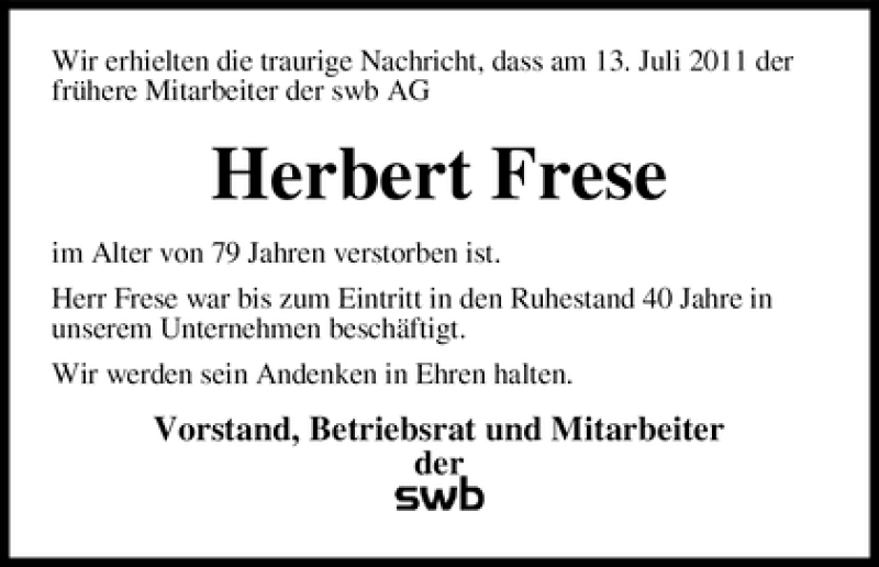 Traueranzeige von Herbert Frese von WESER-KURIER