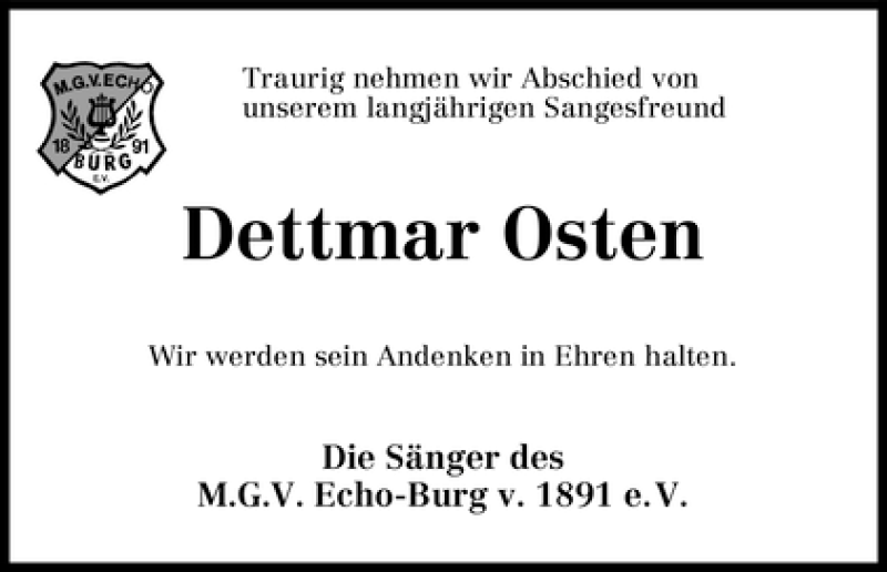 Traueranzeige von Dettmar Osten von WESER-KURIER