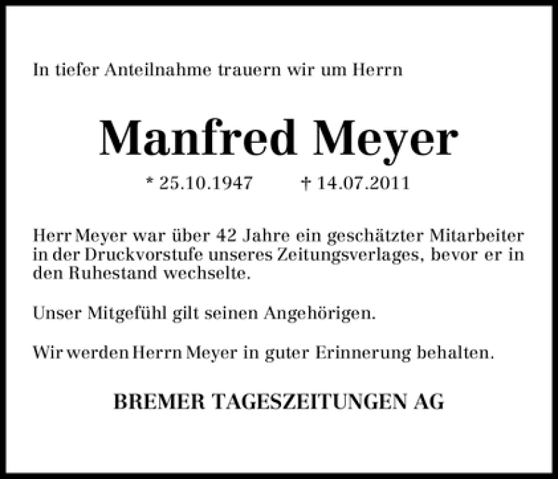 Traueranzeige von Manfred Meyer von WESER-KURIER