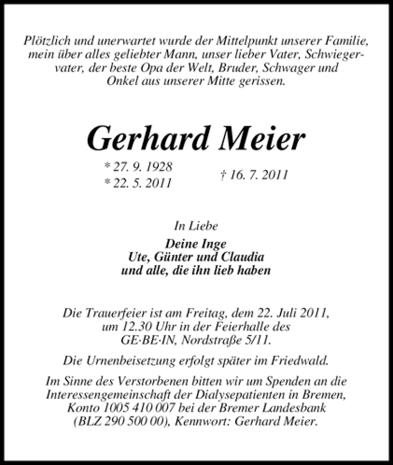 Traueranzeige von Gerhard Meier von WESER-KURIER