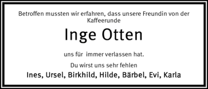 Traueranzeige von Inge Otten von WESER-KURIER