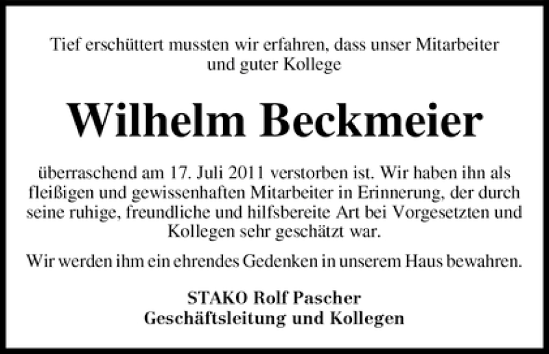 Traueranzeige von Wilhelm Beckmeier von WESER-KURIER