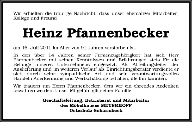 Traueranzeige von Heinz Pfannenbecker von WESER-KURIER