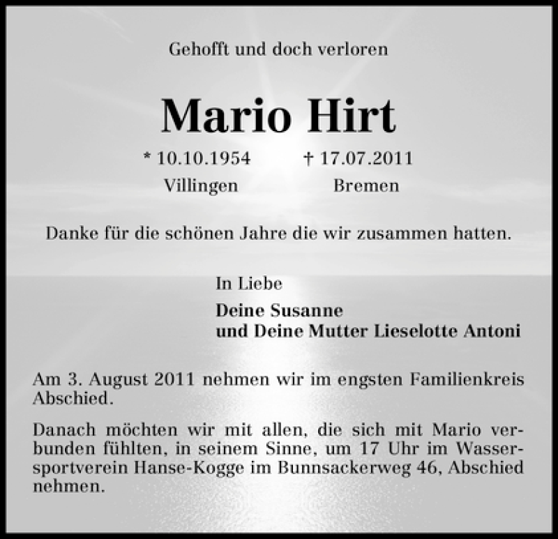 Traueranzeige von Mario Hirt von WESER-KURIER
