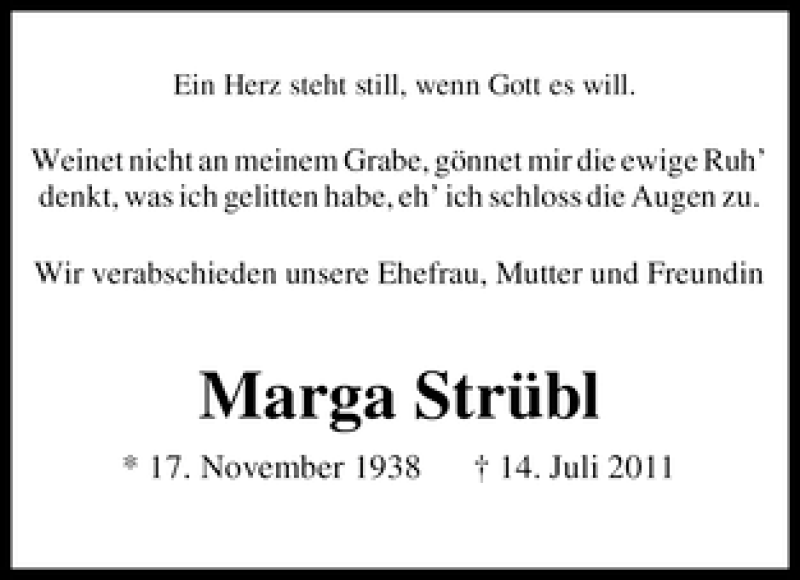 Traueranzeige von Marga Strübl von WESER-KURIER