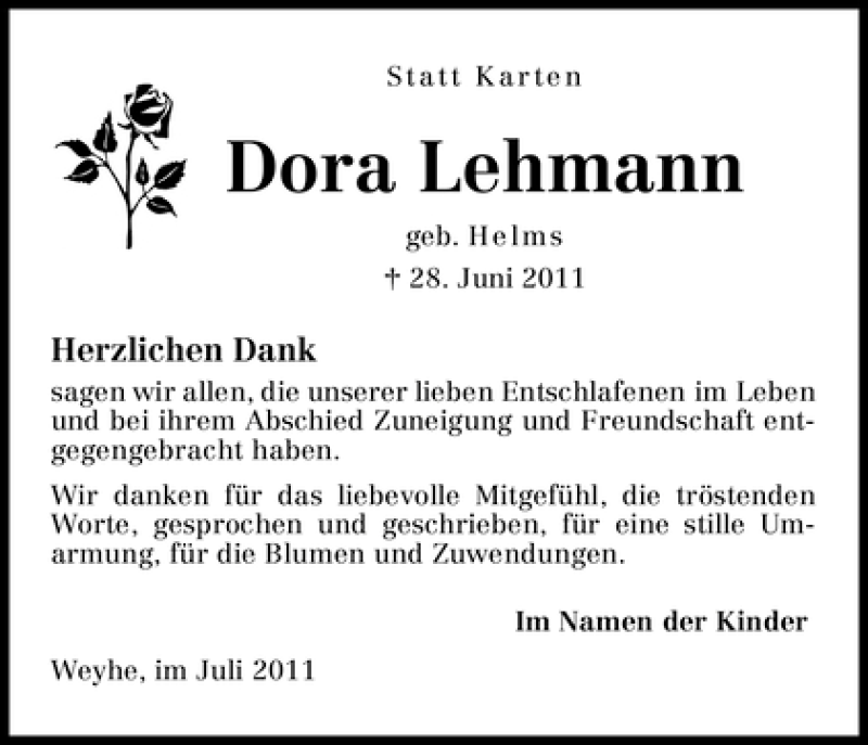 Traueranzeige von Lehmann Dora von WESER-KURIER