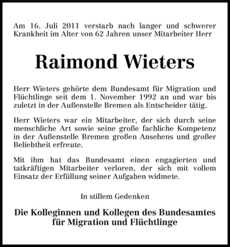 Traueranzeige von Raimon Wieters von WESER-KURIER