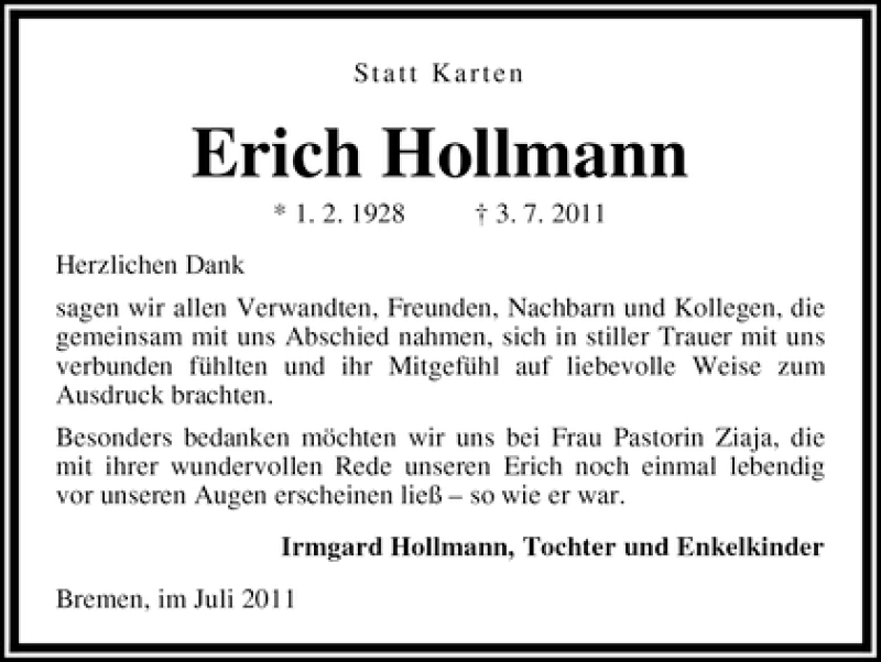 Traueranzeige von Erich Hollmann von WESER-KURIER