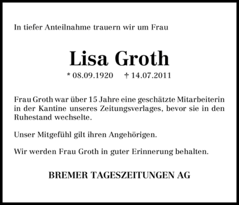 Traueranzeige von Lisa Groth von WESER-KURIER