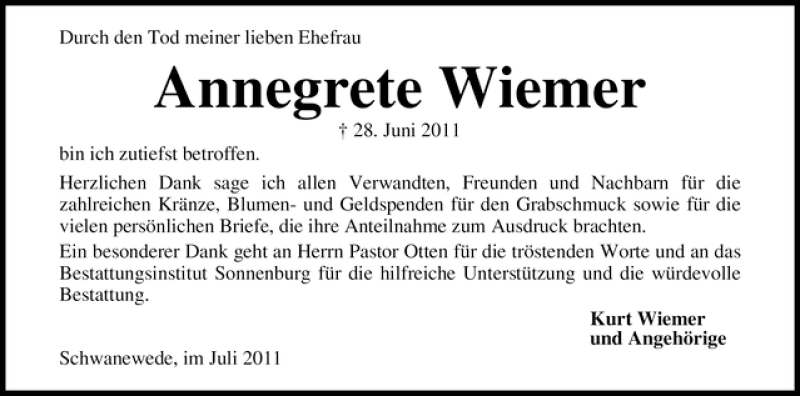 Traueranzeige von Annegrete Wiemer von WESER-KURIER
