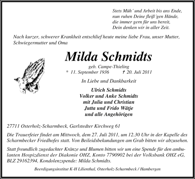 Traueranzeige von Milda Schmidts von WESER-KURIER