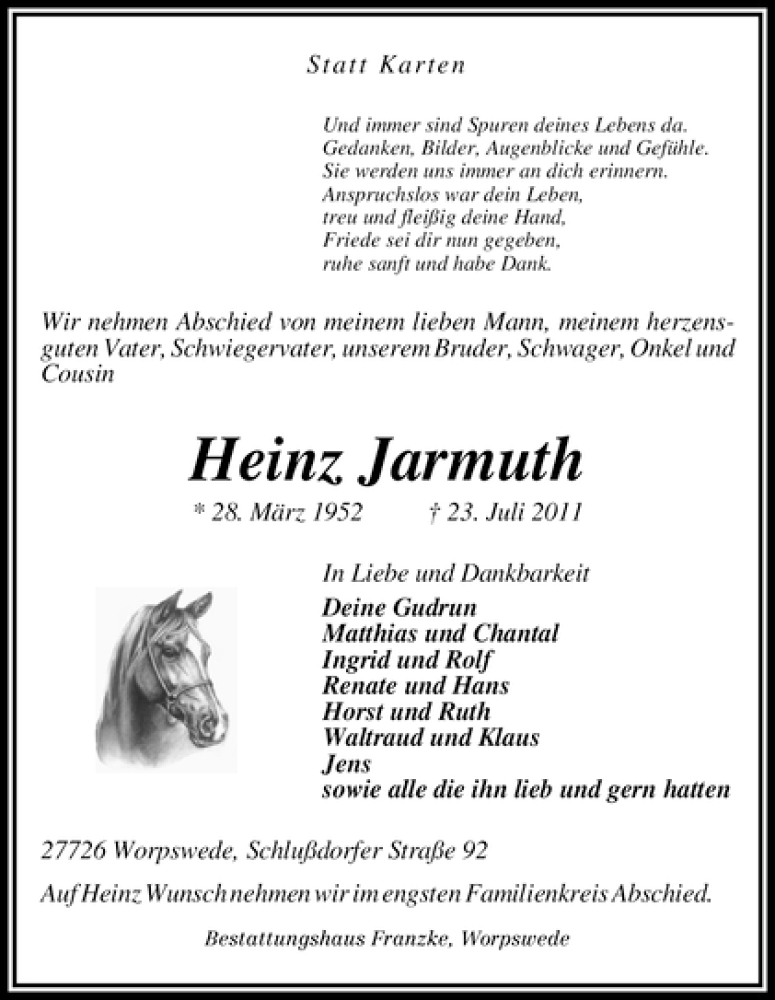 Traueranzeige von Heinz Jarmuth von WESER-KURIER