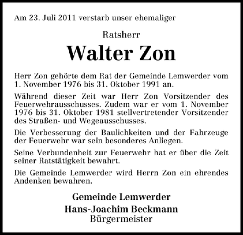Traueranzeige von Walter Zon von WESER-KURIER