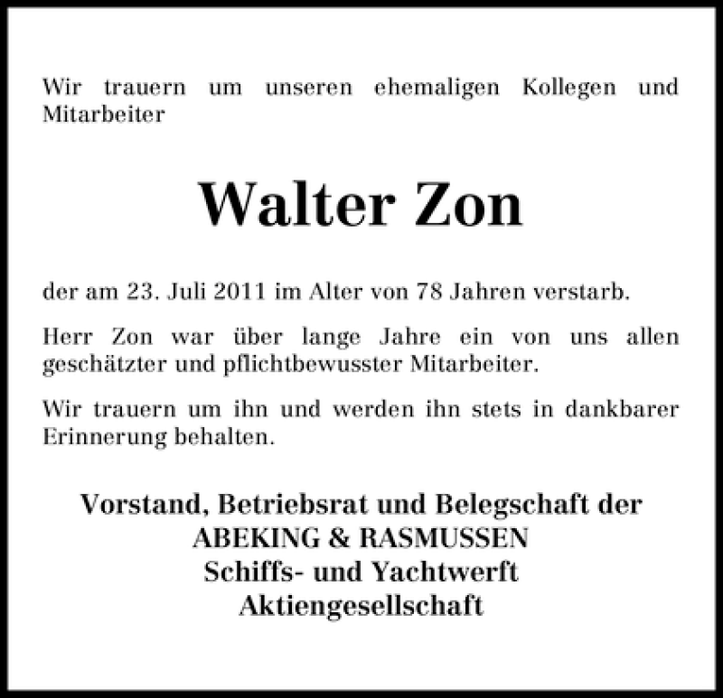 Traueranzeige von Walter Zon von WESER-KURIER