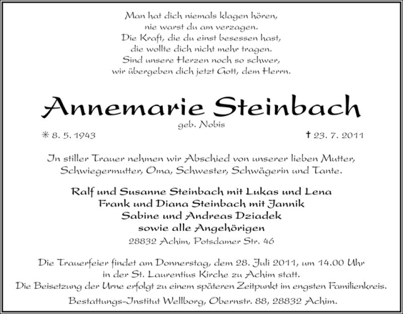 Traueranzeige von Annemarie Steinbach von WESER-KURIER