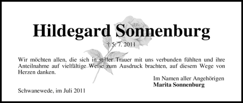 Traueranzeige von Hildegard Sonnenburg von WESER-KURIER