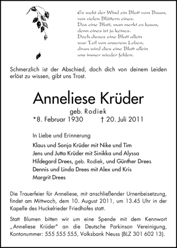 Traueranzeige von Anneliese Krüder von WESER-KURIER