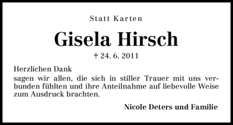 Traueranzeige von Gisela Hirsch von WESER-KURIER