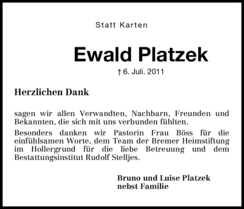 Traueranzeige von Ewald Platzek von WESER-KURIER