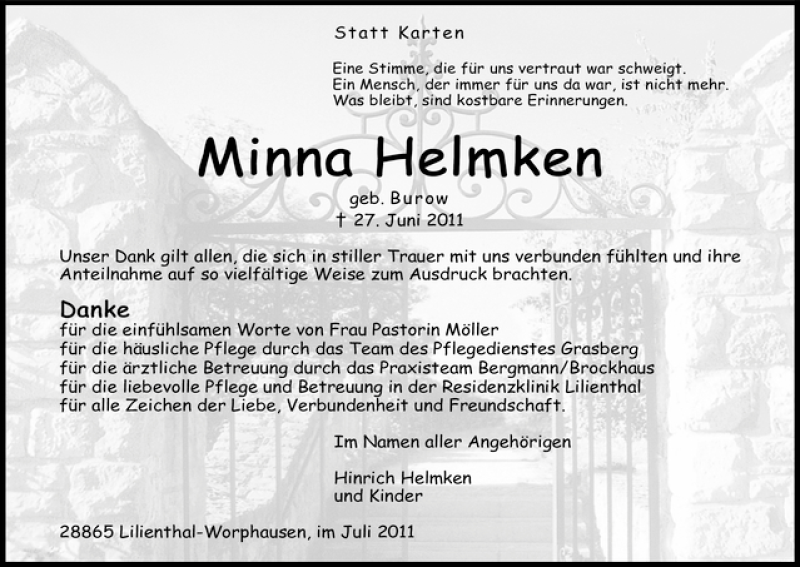 Traueranzeige von Minna Helmken von WESER-KURIER