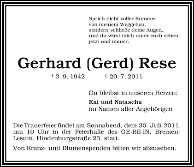 Traueranzeige von Gerhard Rese von WESER-KURIER