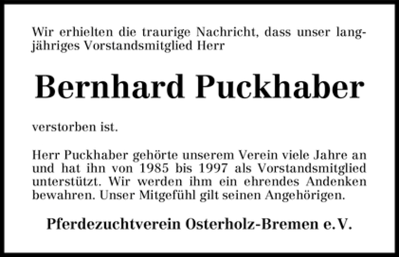 Traueranzeige von Bernhard Puckhaber von WESER-KURIER