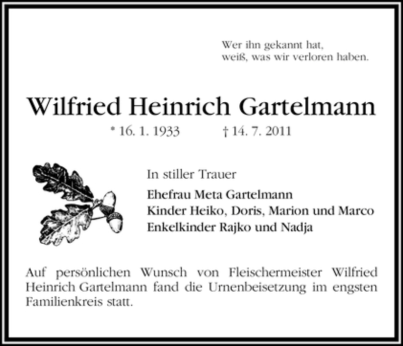 Traueranzeige von Wilfried Heinrich Gartelmann von WESER-KURIER