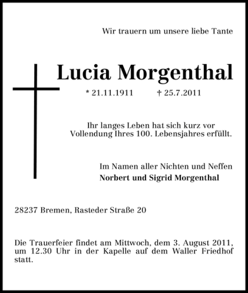 Traueranzeige von Lucia Morgenthal von WESER-KURIER