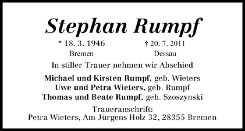 Traueranzeige von Stephan Rumpf von WESER-KURIER
