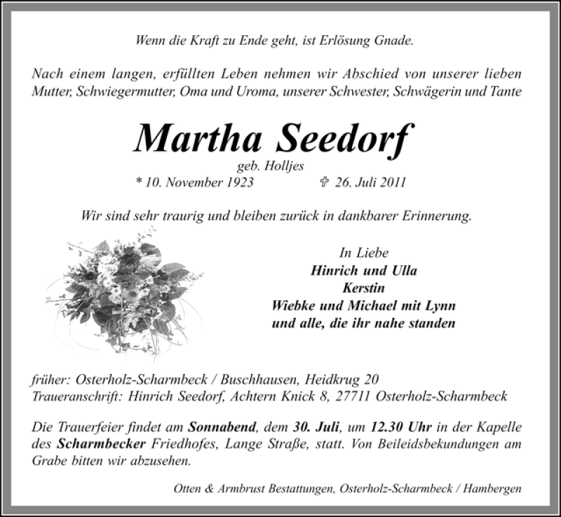 Traueranzeige von Martha Seedorf von WESER-KURIER