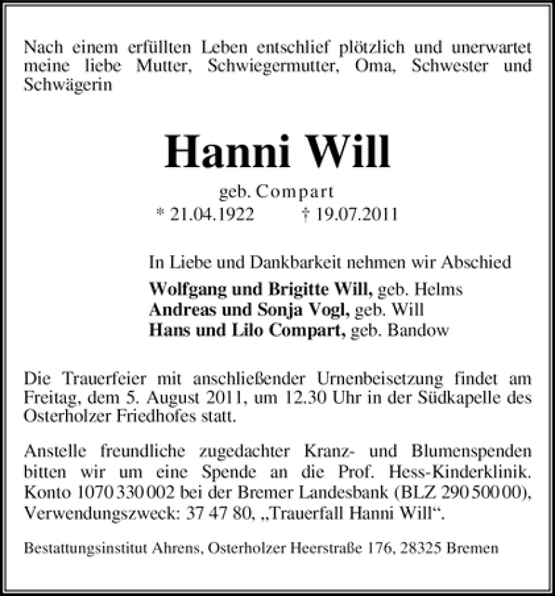 Traueranzeige von Hanni Will von WESER-KURIER