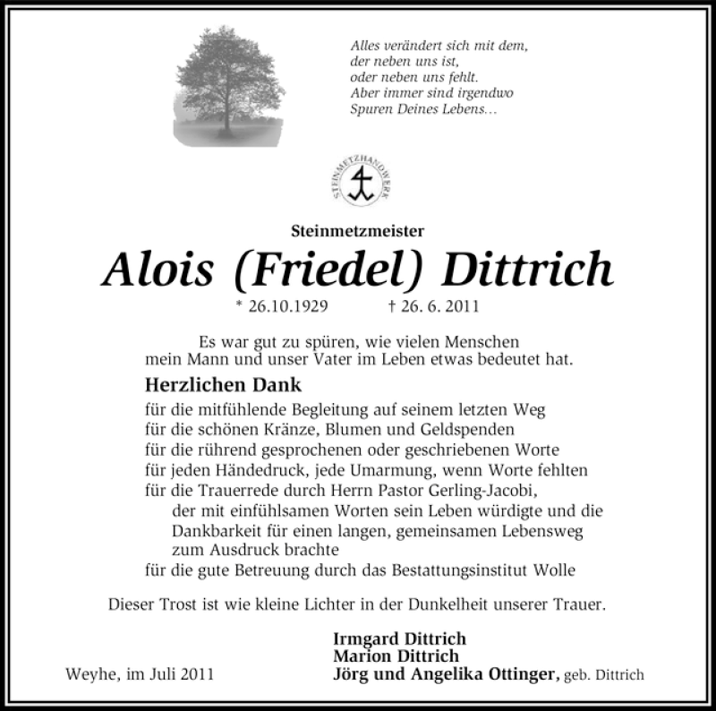 Traueranzeige von Alois Dittrich von WESER-KURIER