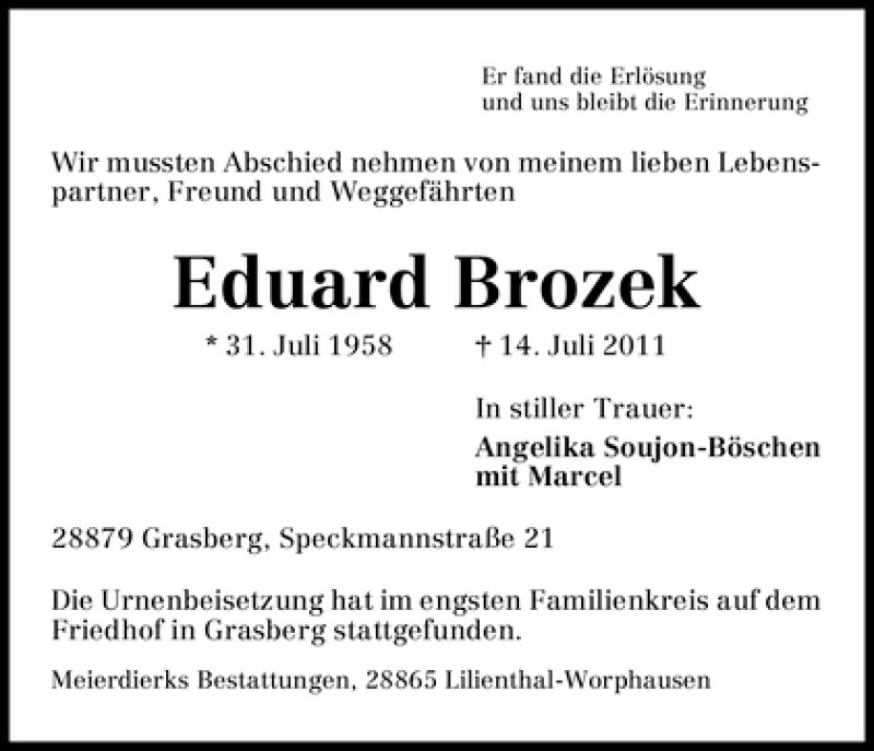 Traueranzeige von Eduard Brozek von WESER-KURIER