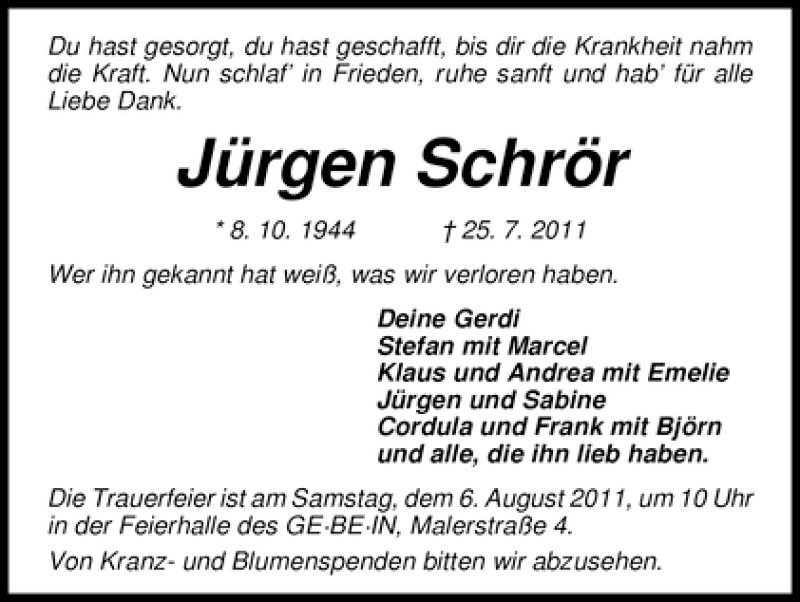 Traueranzeige von Jürgen Schrör von WESER-KURIER