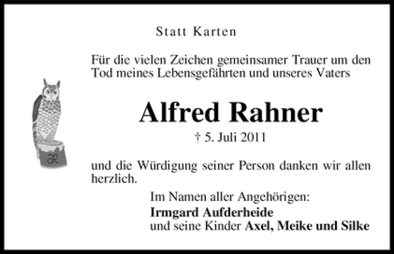 Traueranzeige von Alfred Rahner von WESER-KURIER