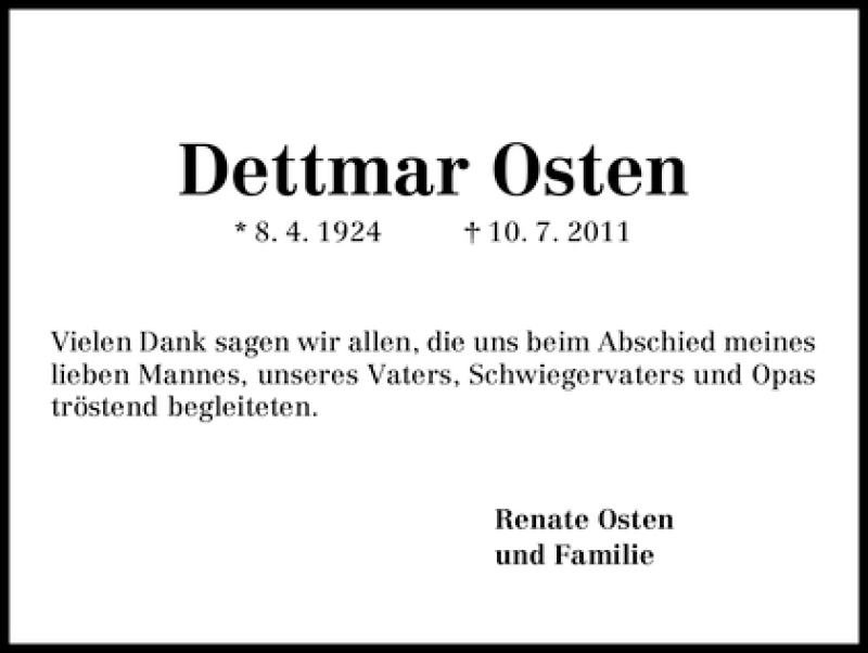Traueranzeige von Dettmar Osten von WESER-KURIER