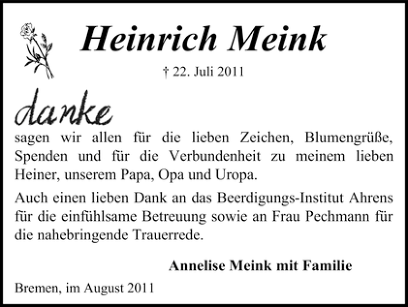 Traueranzeige von Heinrich Meink von WESER-KURIER