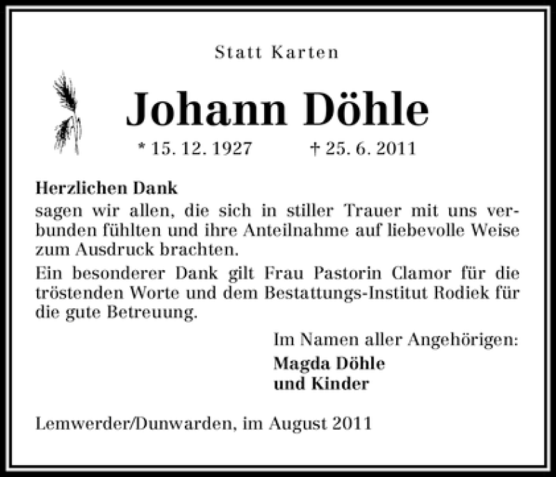 Traueranzeige von Johann Döhle von WESER-KURIER