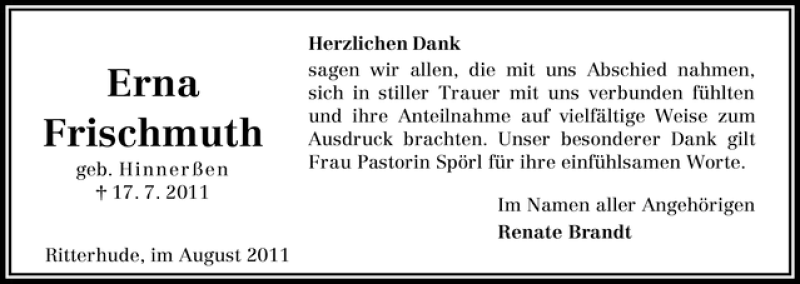 Traueranzeige von Erna Frischmuth von WESER-KURIER