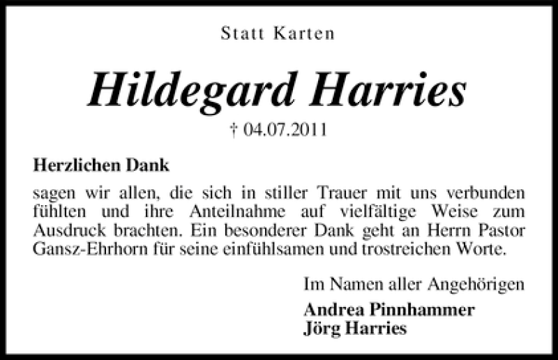 Traueranzeige von Hildegard Harries von WESER-KURIER