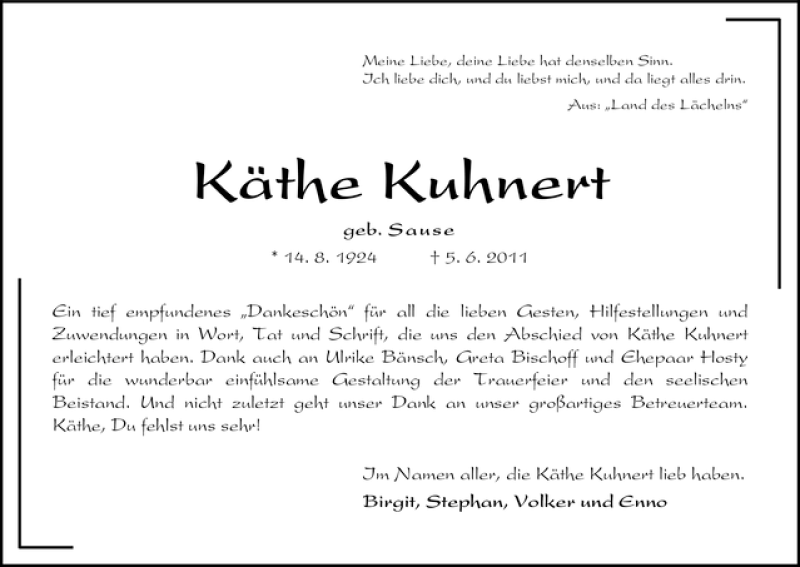 Traueranzeige von Käthe Kuhnert von WESER-KURIER