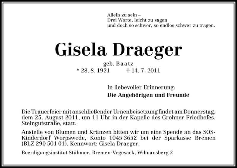 Traueranzeige von Gisela Draeger von WESER-KURIER