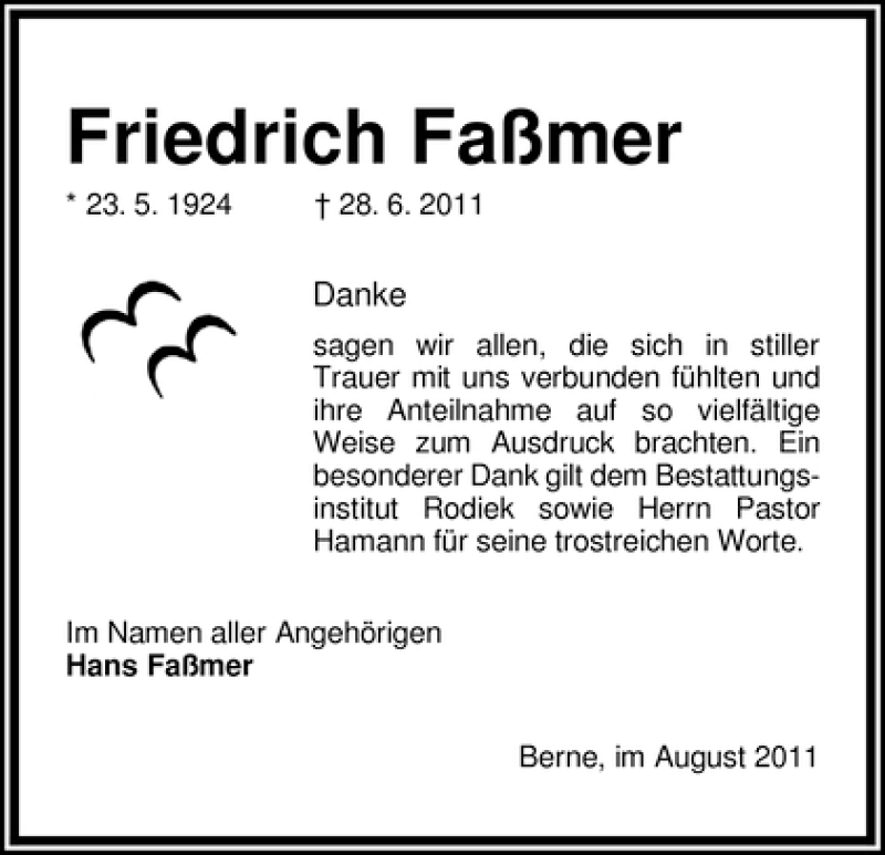 Traueranzeige von Friedrich Faßmer von WESER-KURIER