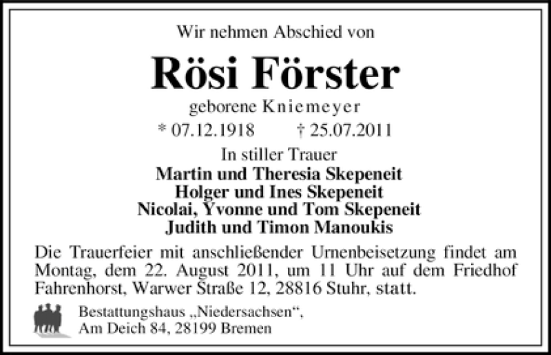 Traueranzeige von Rösi Förster von WESER-KURIER