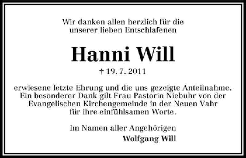 Traueranzeige von Hanni Will von WESER-KURIER