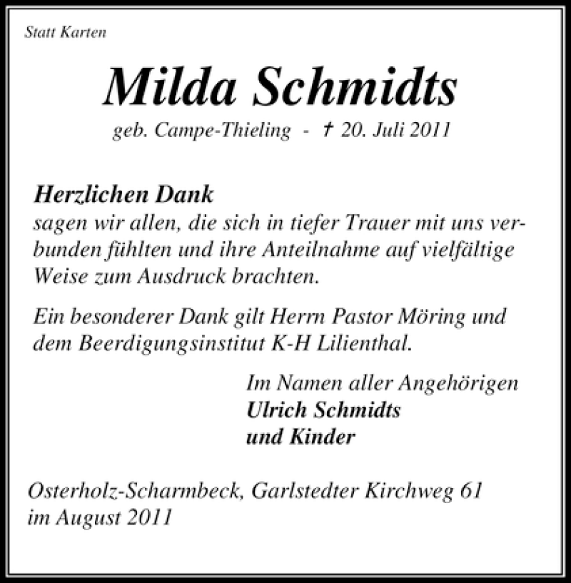 Traueranzeige von Milda Schmidts von WESER-KURIER