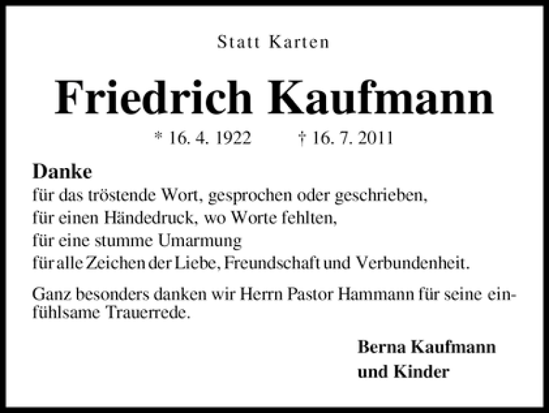 Traueranzeige von Friedrich Kaufmann von WESER-KURIER